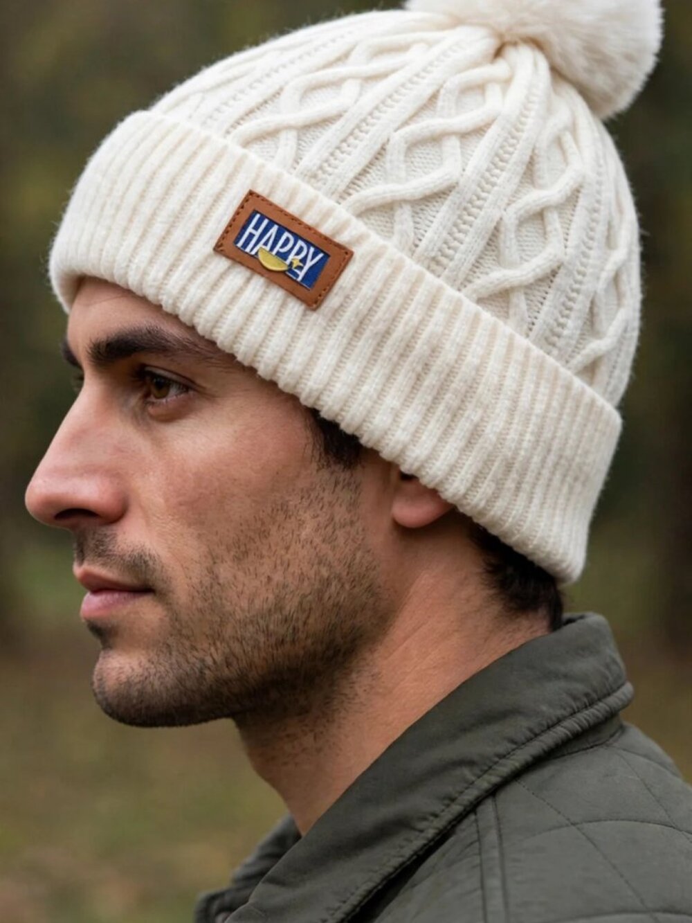 Cream Pom Pom Cable Knit Beanie Hat with HAPPY Patch - Warm, New With Tags